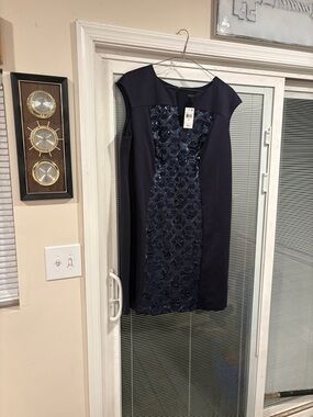 connected apparel Navy Midi Dress with Lace-Front Panel